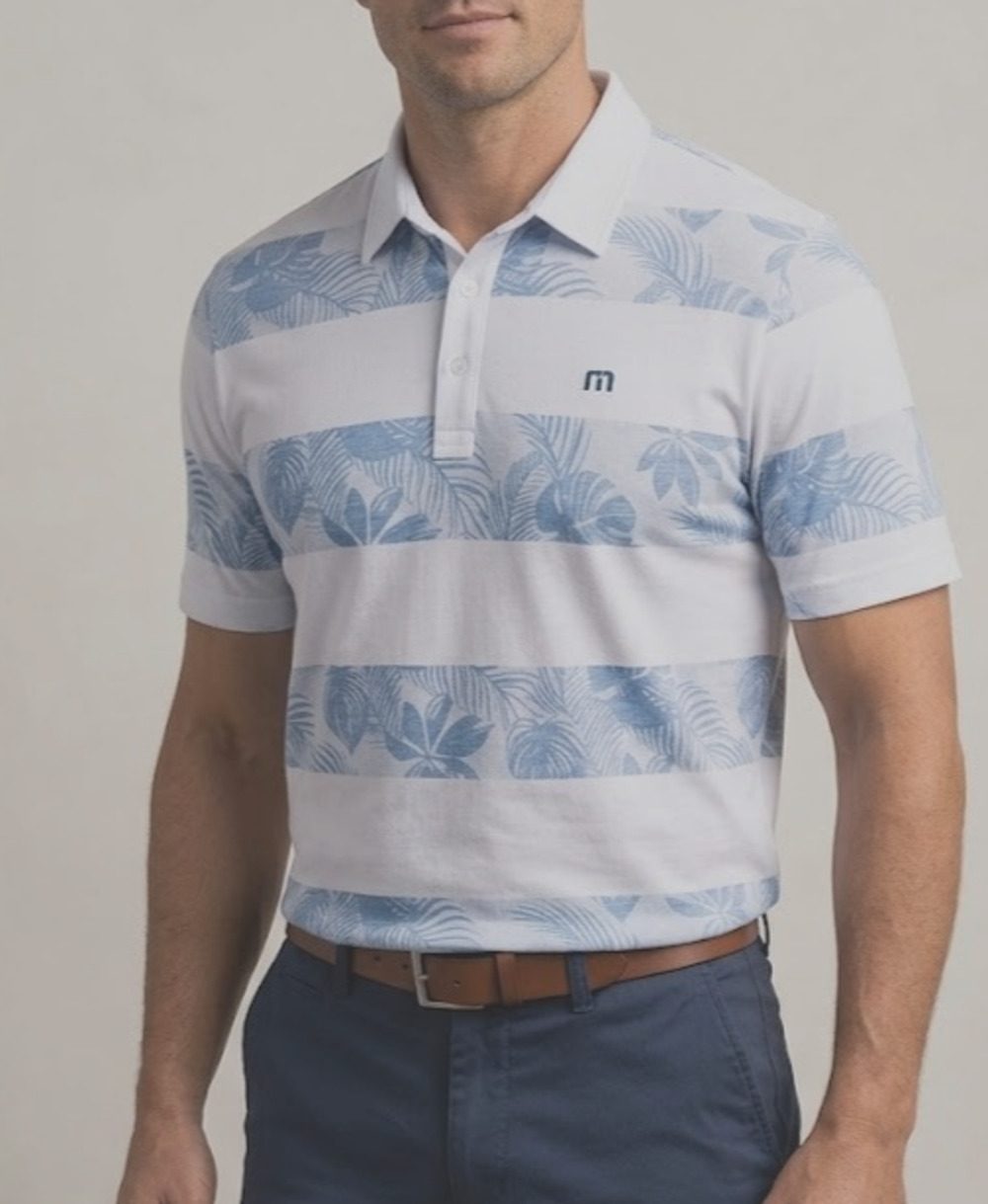 TravisMathew Mens Polo Shirt Size Medium M Golf White Floral Stripe Pima Blend
